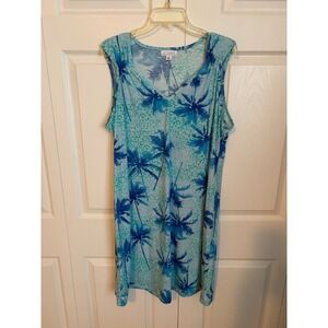LA Threads Womens XL‎ Blue Teal Tropical Palm Tree Leopard Print V-Neck Dress